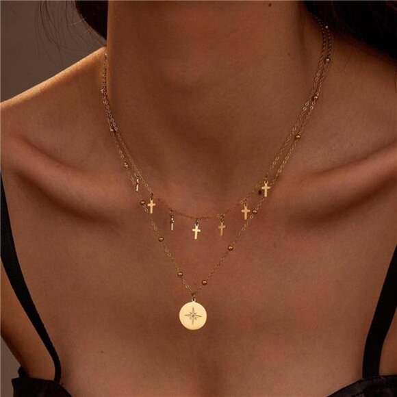18K Gold-Plated Cross Double Layered Pendant Necklace - Picture 1 of 6